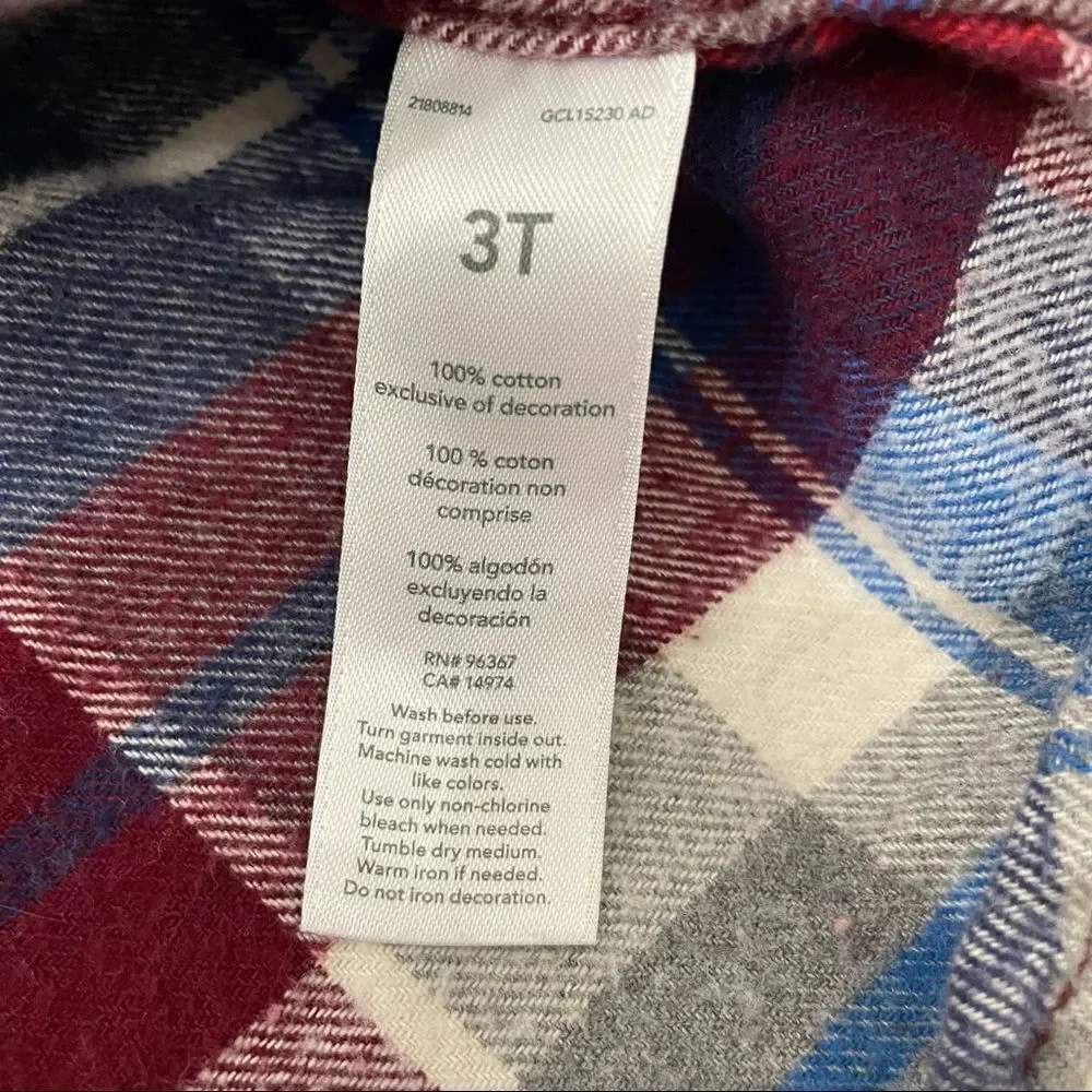 𝅺oshkosh Toddler Red Blue Plaid Long Sleeve Flannel Shirt Size 3T